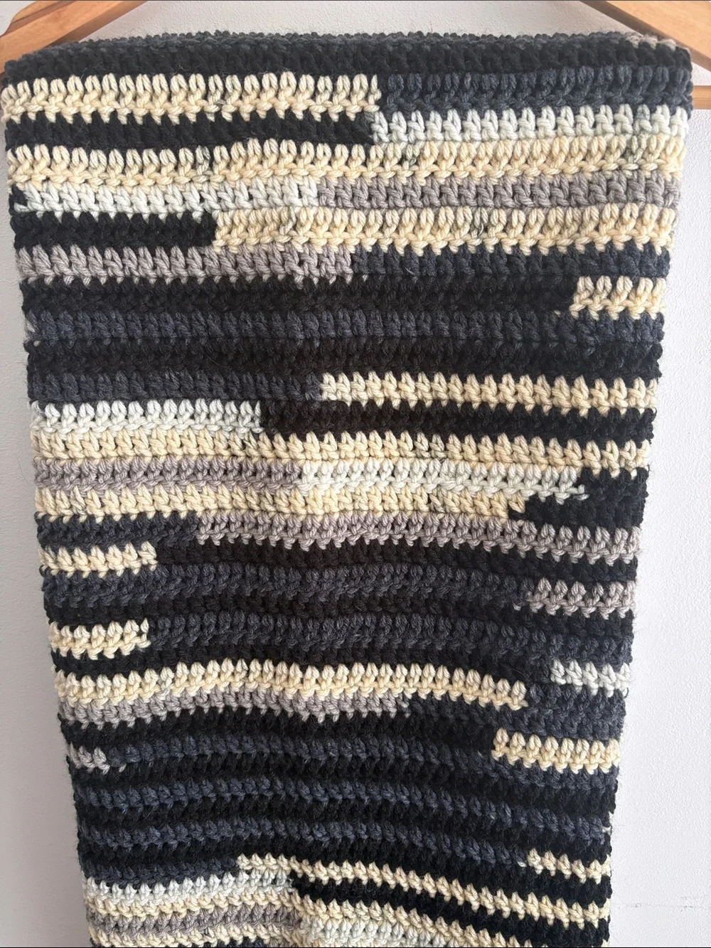 Handmade Black and Cream Striped Crochet Throw